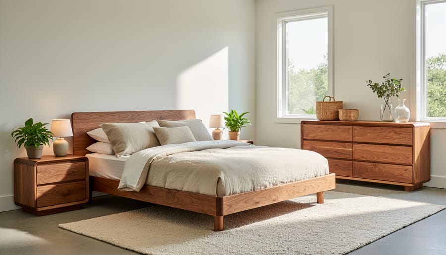 Clean modern bedroom with solid wood furniture and natural fabric bedding in soft natural light