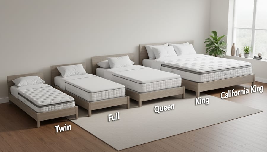 Overhead view of multiple mattress sizes displayed side by side showing size comparisons