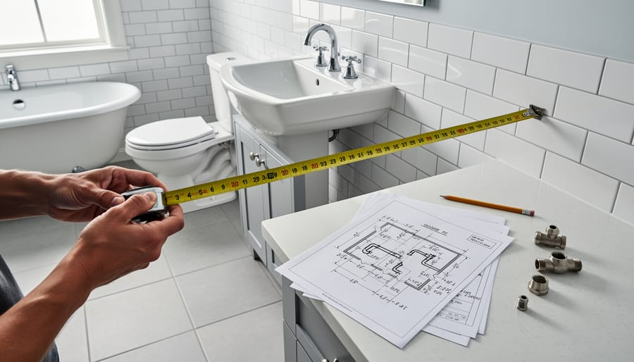 Homeowner measuring bathroom wall space near plumbing connections with tape measure