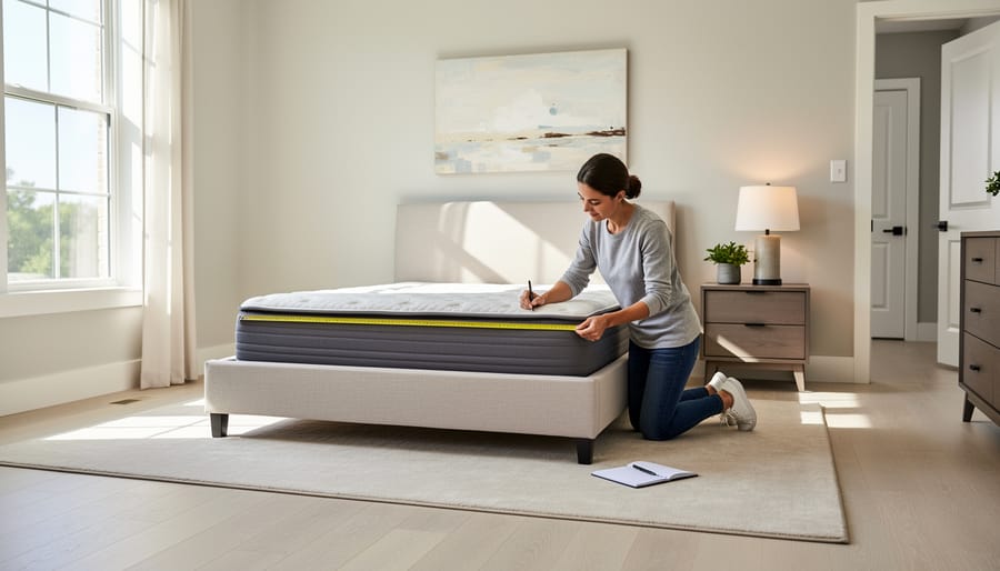 Person measuring bedroom floor space with tape measure to determine mattress size compatibility