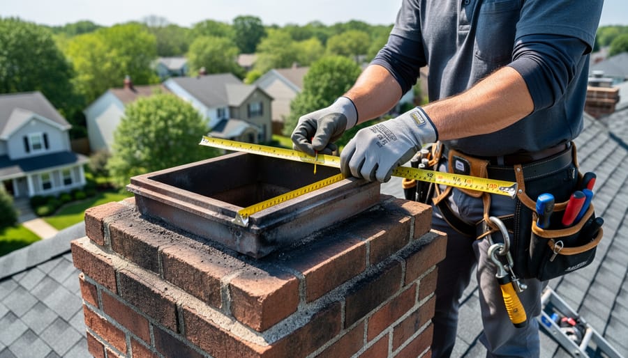 Homeowner measuring chimney flue opening with tape measure on rooftop