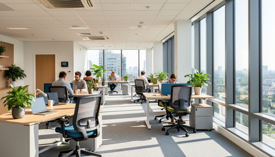 Interior view of modular office workspace with desk, computer, and large garden-view window