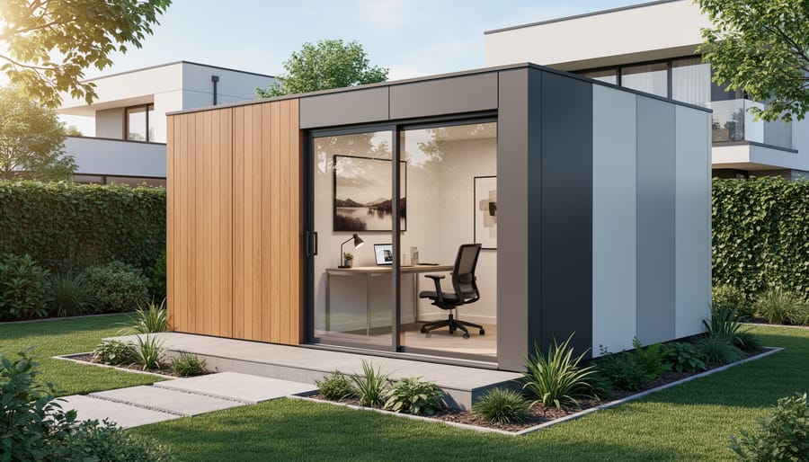 Modern modular outdoor office with glass windows and wood siding in landscaped backyard