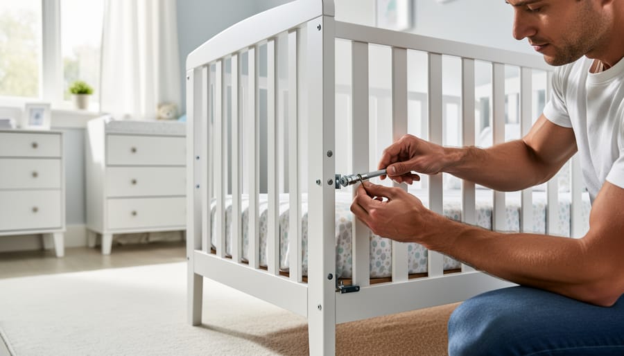 Parent performing safety inspection of nursery crib hardware and structural stability