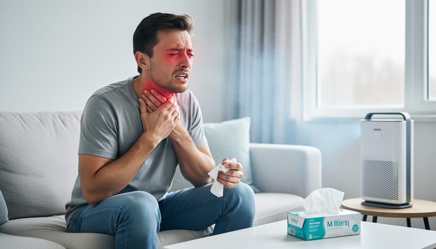 Person experiencing throat irritation and discomfort indoors