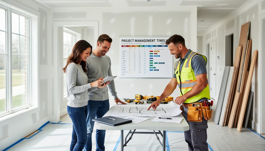 Contractor and homeowner collaborating on kitchen renovation project with digital scheduling tools