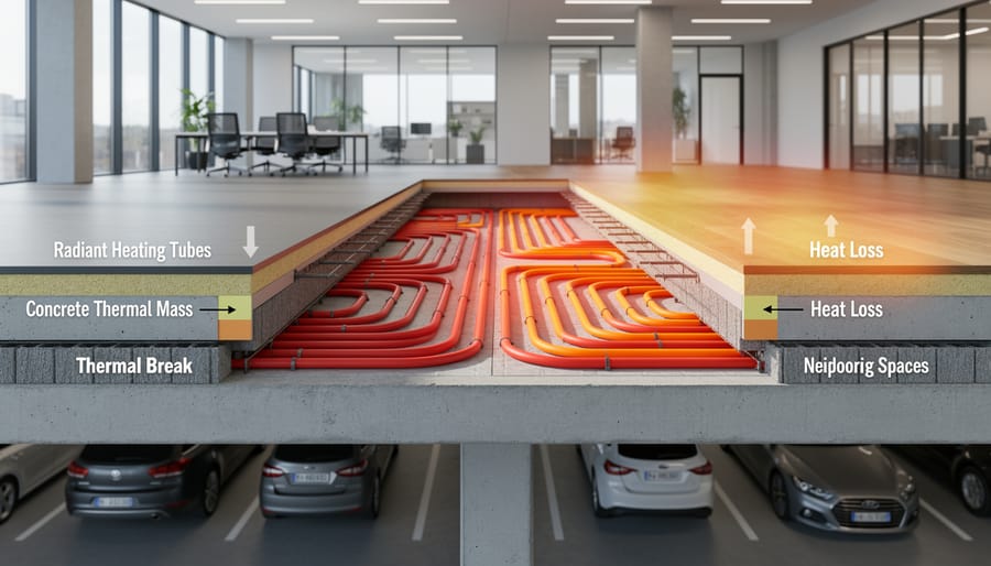 Construction photo showing orange radiant heating tubes embedded in concrete floor slab