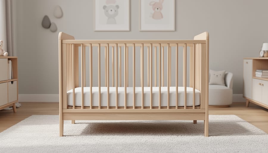 Modern white wooden crib in well-lit nursery showing proper construction and safe design