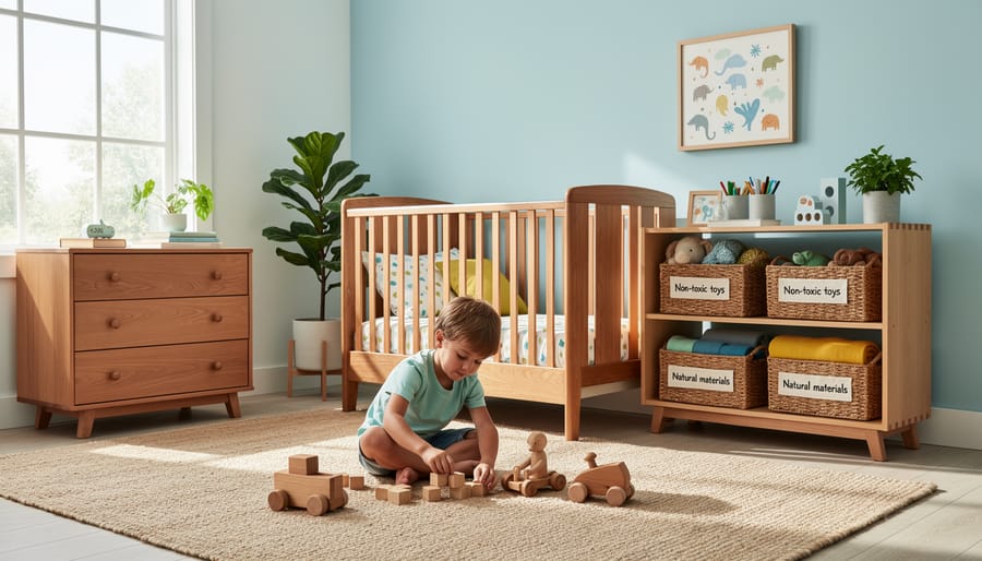 Mother and toddler playing in nursery with natural wood crib and non-toxic furniture