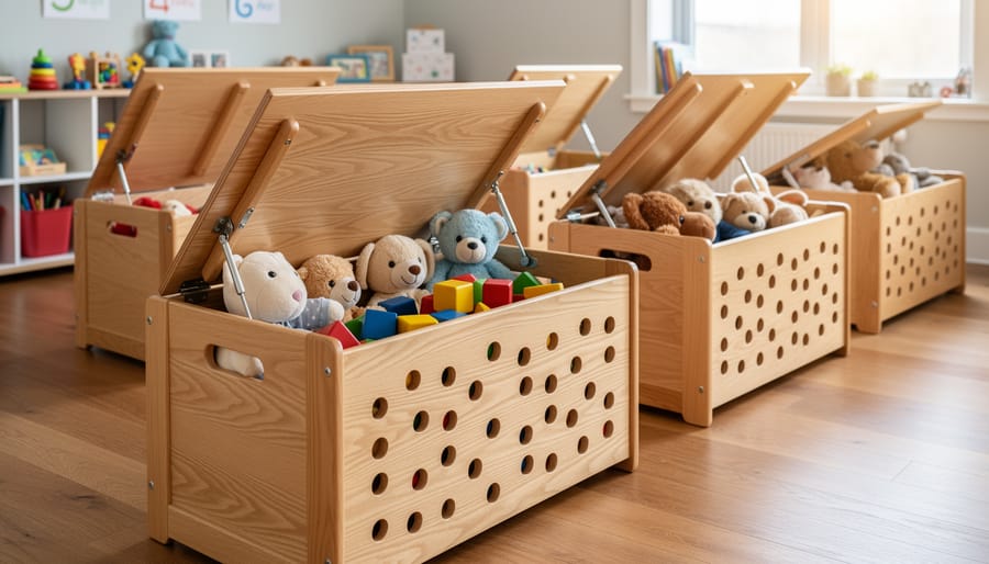 White toy chest showing safety hinge mechanism and ventilation holes
