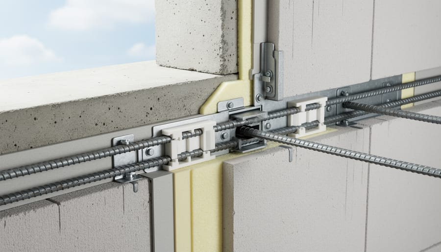 Detail view of thermal break insulation installed between concrete slab sections