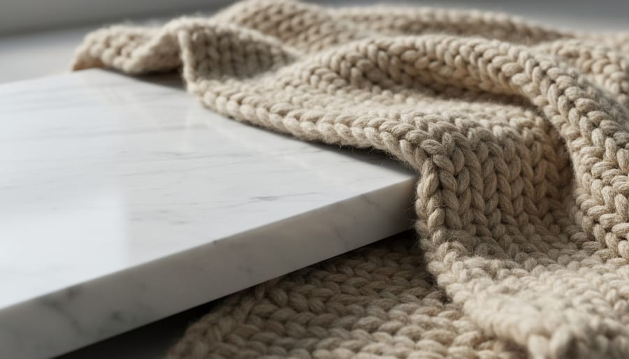 Close-up of smooth marble surface with chunky knit throw and rough wooden bowl showing texture contrast