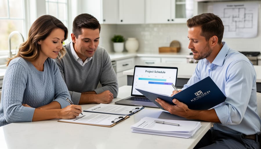 Close-up of homeowner signing contractor agreement with project management tools visible