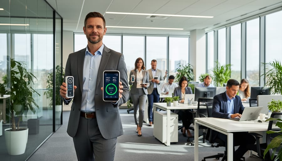 Professional using portable air quality monitoring device in office environment