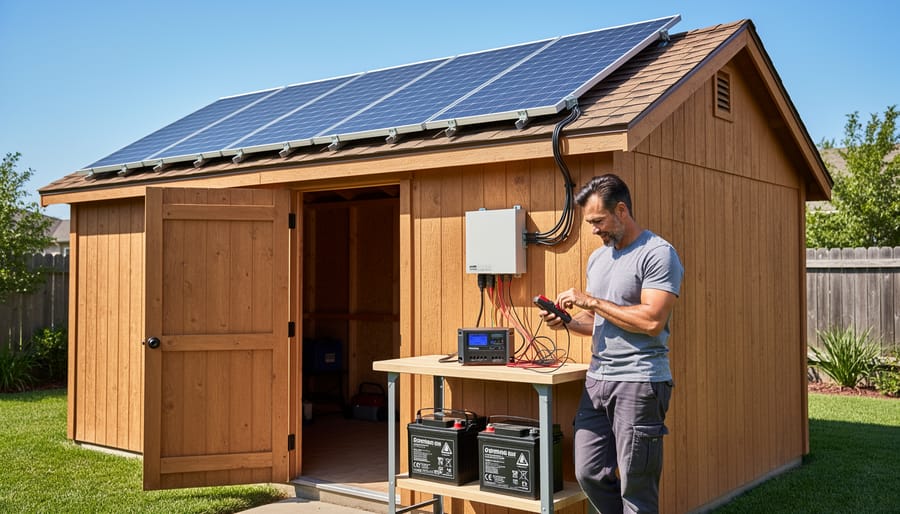 Complete basic solar panel installation on wooden shed with visible wiring and equipment