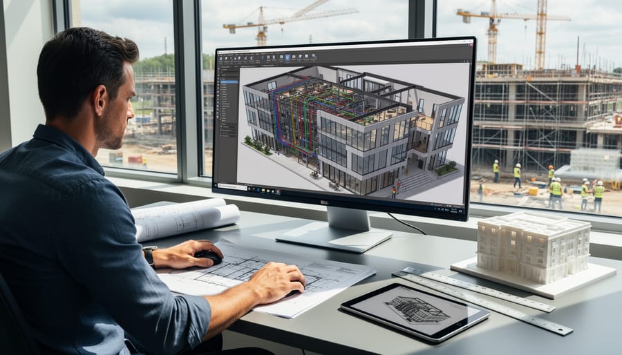 Interior designer working on BIM software with completed modern living room showing design accuracy