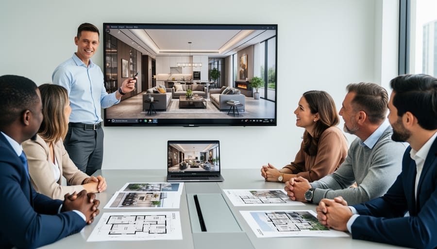 Interior designer showing 3D BIM visualization to clients on touchscreen monitor