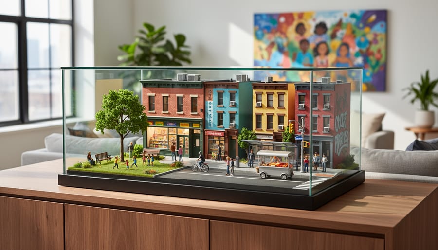 Detailed miniature neighborhood diorama displayed in glass case on living room shelf
