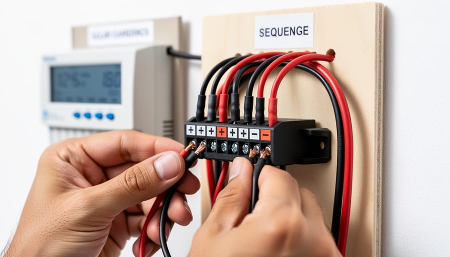 Close-up of hands connecting electrical wires to solar charge controller terminals