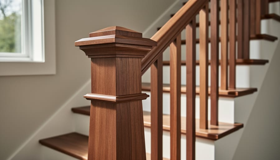 Close-up of craftsman style newel post showing tapered design and decorative cap detail