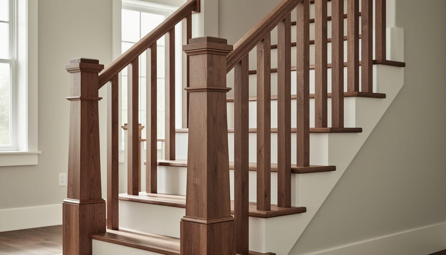 Craftsman style stair railing with square oak balusters and tapered newel post