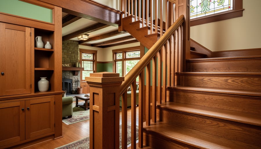 Full craftsman staircase with natural oak railing in bungalow home interior