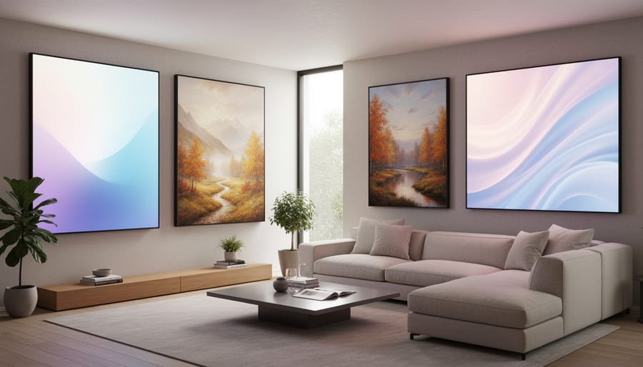 Modern living room with large digital wall display showing nature scene integrated into contemporary decor