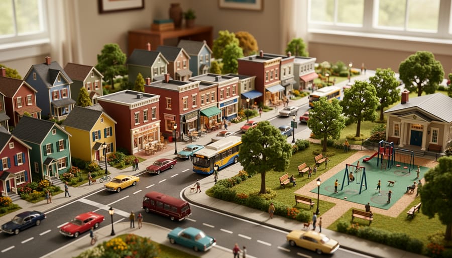 Overhead view of artisan hands creating miniature diorama with craft materials and small architectural pieces