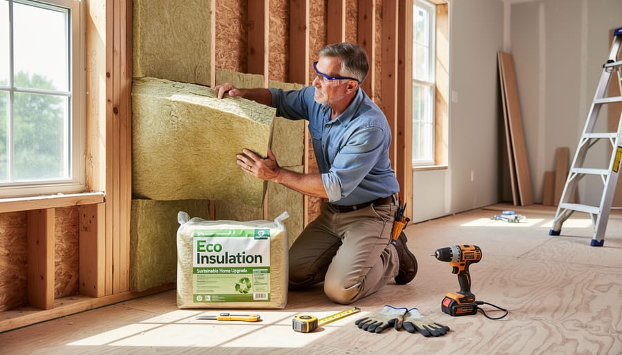 Homeowner installing sustainable wool insulation batts in wall cavity