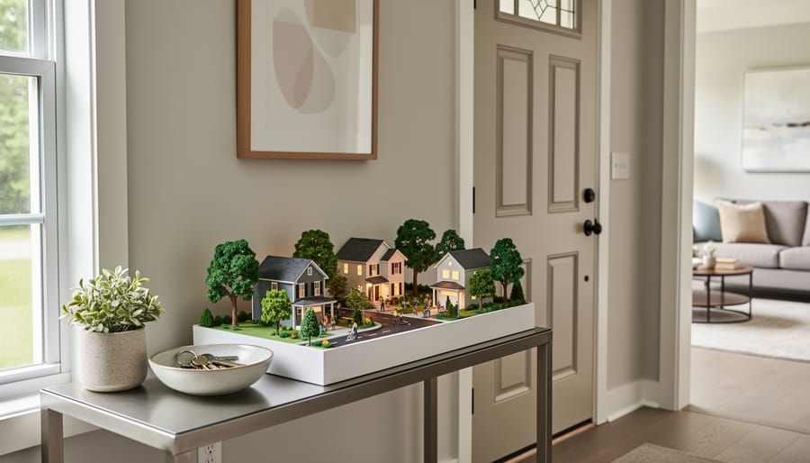 Community diorama displayed on entryway console table as welcoming focal point