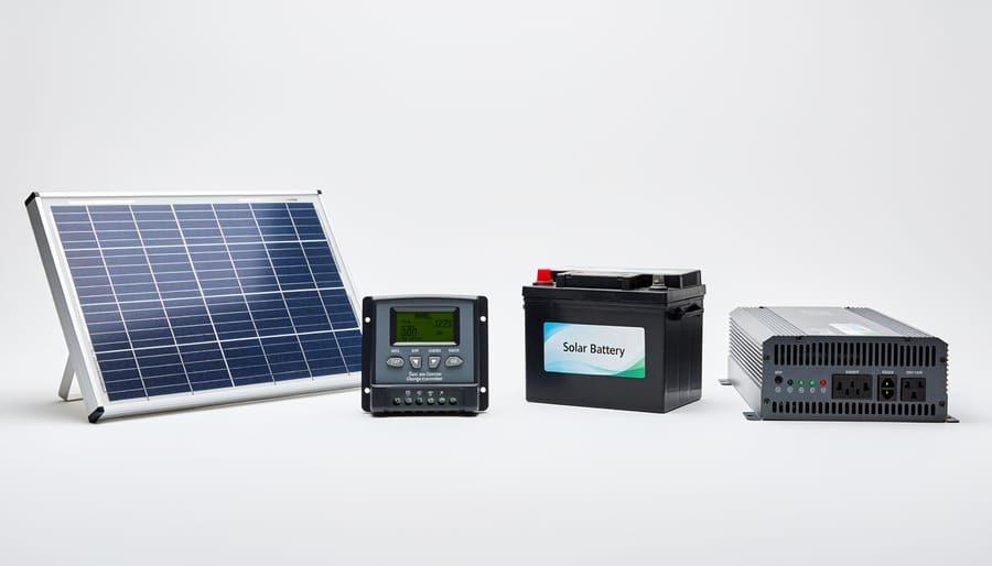Four main solar power system components including solar panel, charge controller, battery, and inverter arranged on workbench
