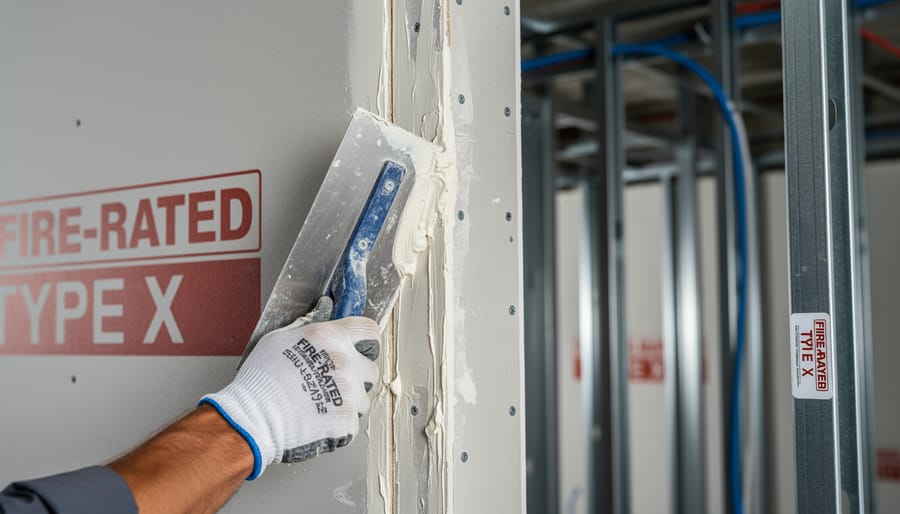 Contractor applying joint compound to fire-rated drywall seam with taping knife