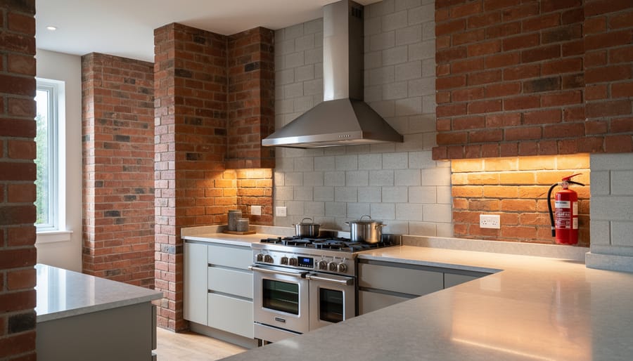 Modern kitchen interior featuring exposed brick wall behind cooking range