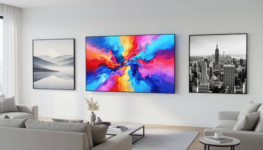 Bedroom featuring digital wall display showing customizable nature scenes as alternative to traditional wall art