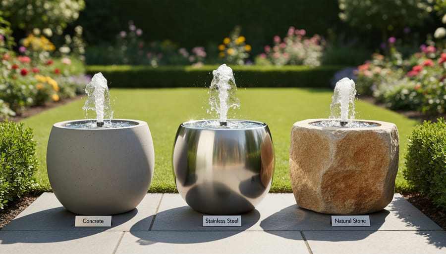 Close-up comparison of natural stone, cast stone, and resin fountain materials