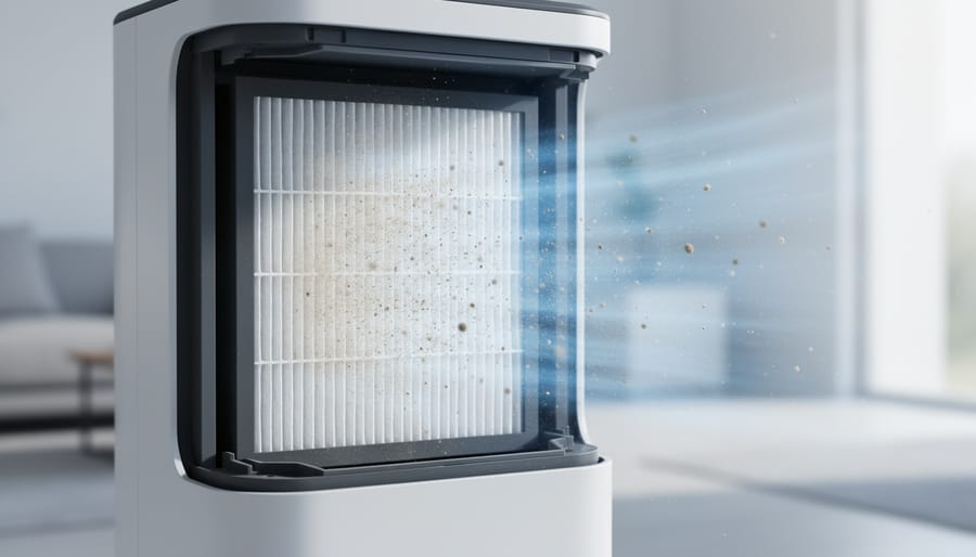 Close-up of HEPA air filter showing detailed pleated filtration material