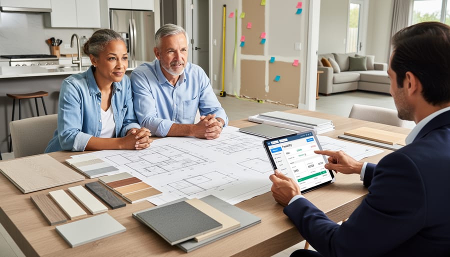 Homeowner reviewing renovation plans and budget documents at kitchen table