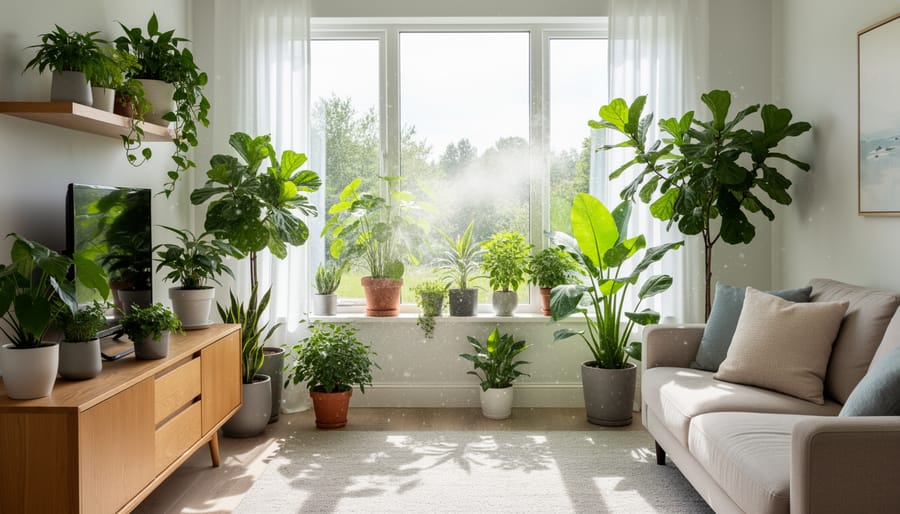 Collection of healthy indoor plants on wooden shelving creating natural home décor