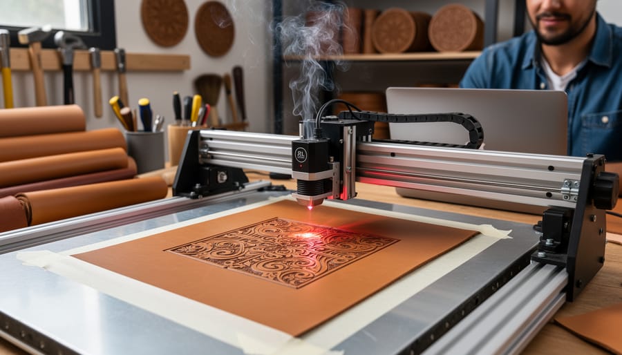 Laser engraver creating detailed pattern on leather piece in modern workshop