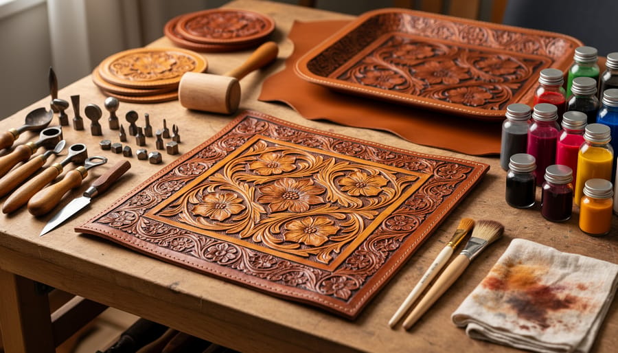 Close-up of leather showing tooled patterns, dyed surface, and embossed designs