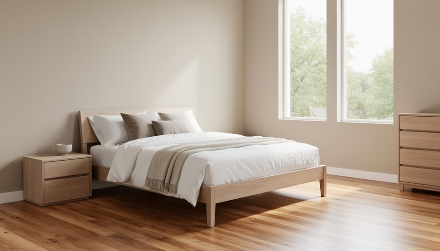 Modern bedroom with white walls, hardwood floors, and minimal furniture showcasing low-emitting materials