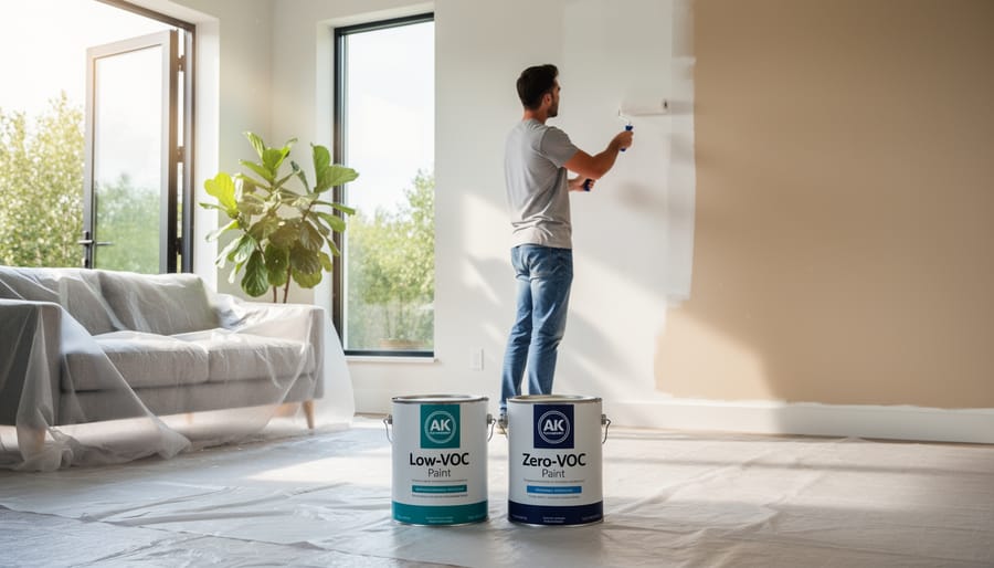 Close-up of person applying low-VOC white paint to interior wall with brush