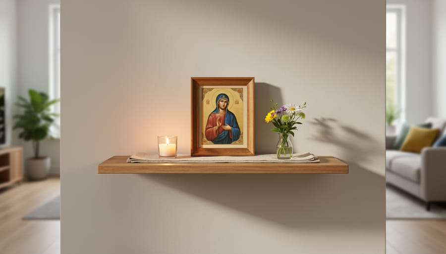 Minimalist meditation altar with singing bowl, candle, and stones in peaceful corner