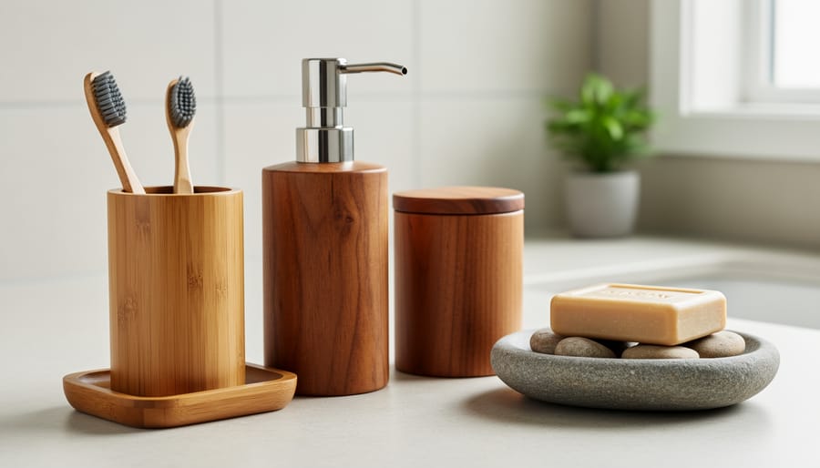 Bamboo and teak bathroom accessories with river stone tray on white counter