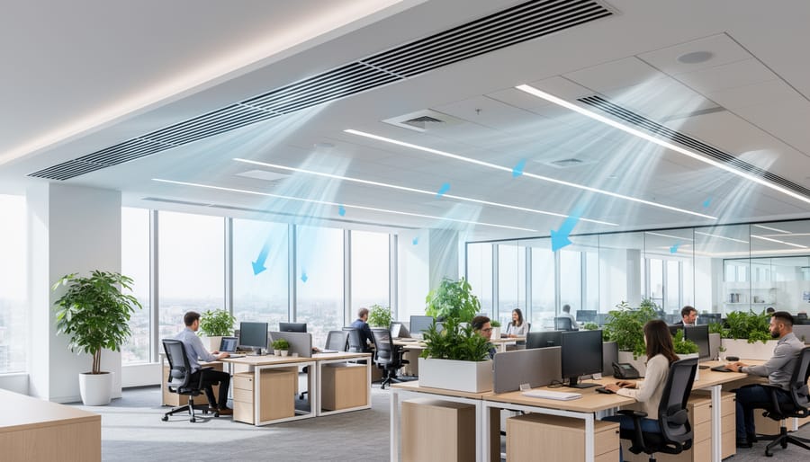 Modern office interior showing ceiling ventilation system and natural lighting