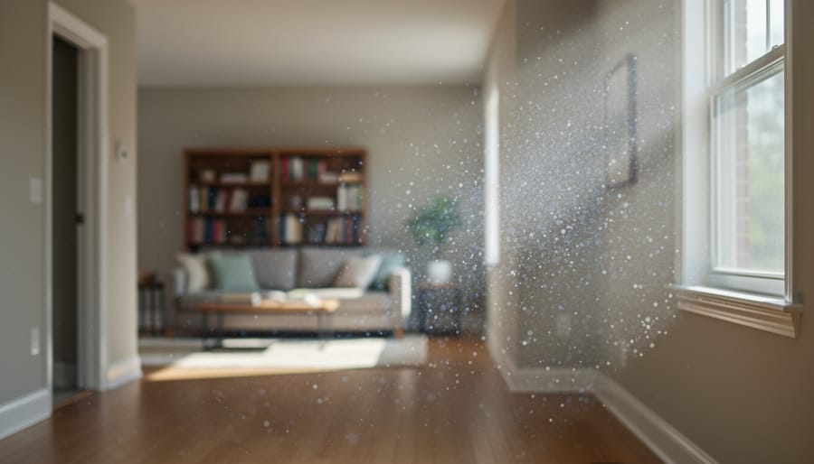 Dust particles and airborne matter illuminated by sunlight beam in modern living room