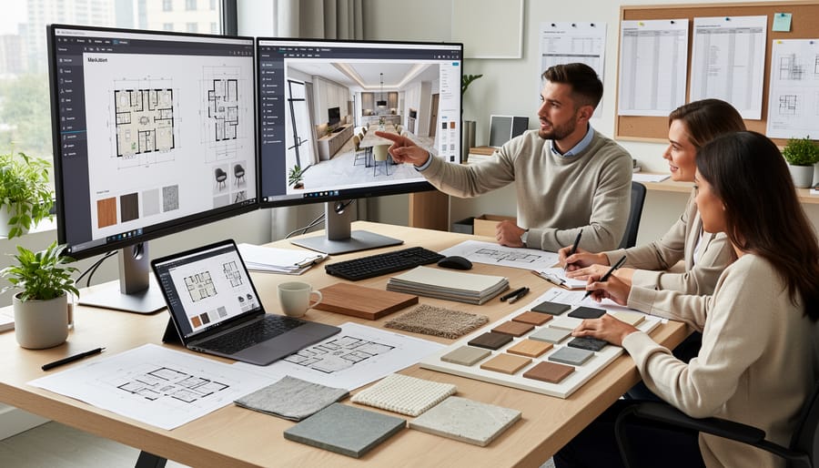 Overhead view of interior designer's workspace with BIM software, blueprints, and material samples