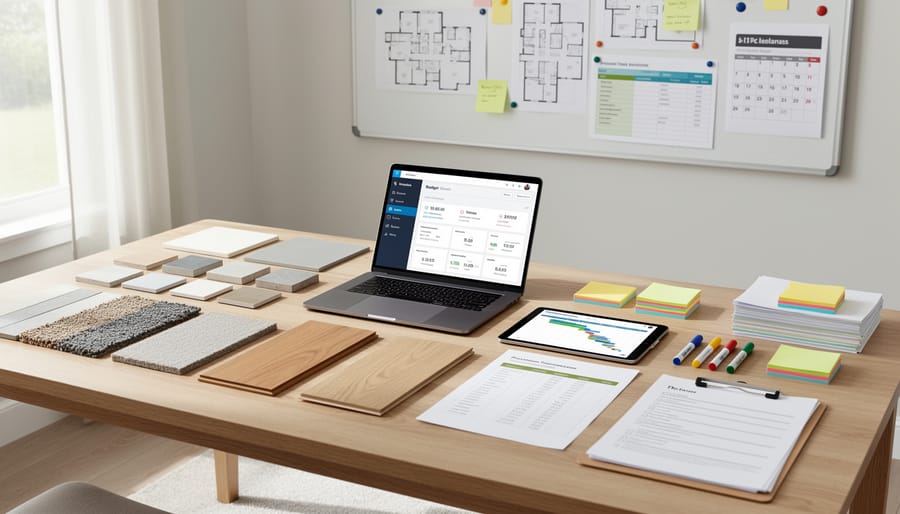 Overhead view of renovation planning materials including swatches, samples, and budget documents on wooden table