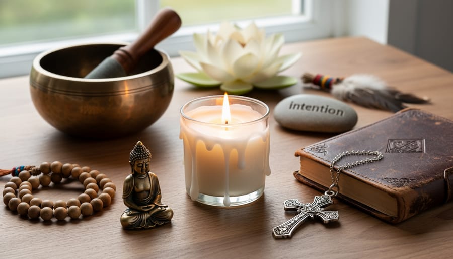 Collection of sacred objects from multiple faith traditions including prayer beads, candles, and religious symbols