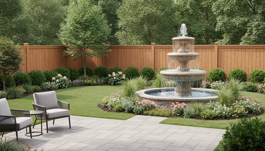 Six-foot outdoor water fountain in landscaped backyard patio setting